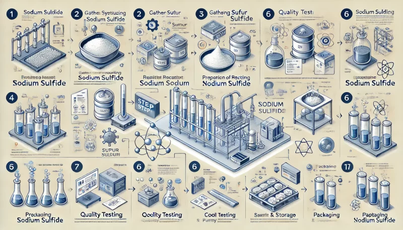 infographic showing the six-step process for synthesizing sodium sulfide. Let me know if you need any further modifications or additional information.
