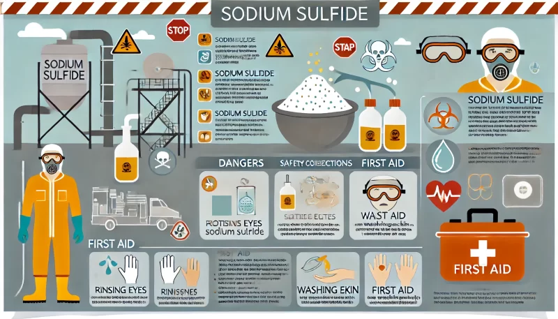 the infographic illustrating the dangers, safety precautions, and first aid measures for handling sodium sulfide. Let me know if you need any adjustments or further details.